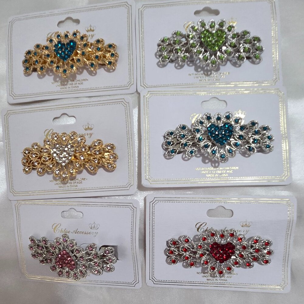 6pcs Rhinestone Heart Hair Clips Multicolor Crystal Barrettes +-ONE FREE